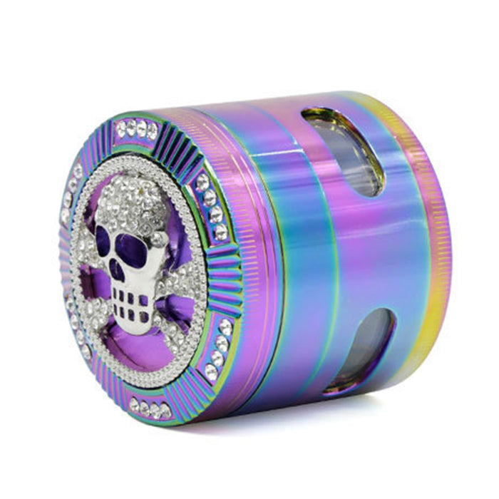 63MM Colorful Zinc Alloy Four-layer Diamond-Encrusted Side   Window Herb Grinder-Skull