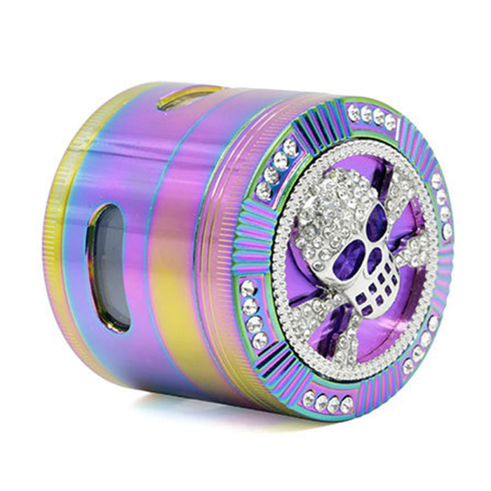 63MM Colorful Zinc Alloy Four-layer Diamond-Encrusted Side   Window Herb Grinder-Skull
