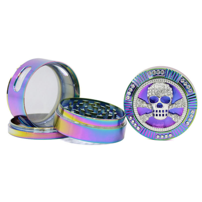 63MM Colorful Zinc Alloy Four-layer Diamond-Encrusted Side   Window Herb Grinder-Skull
