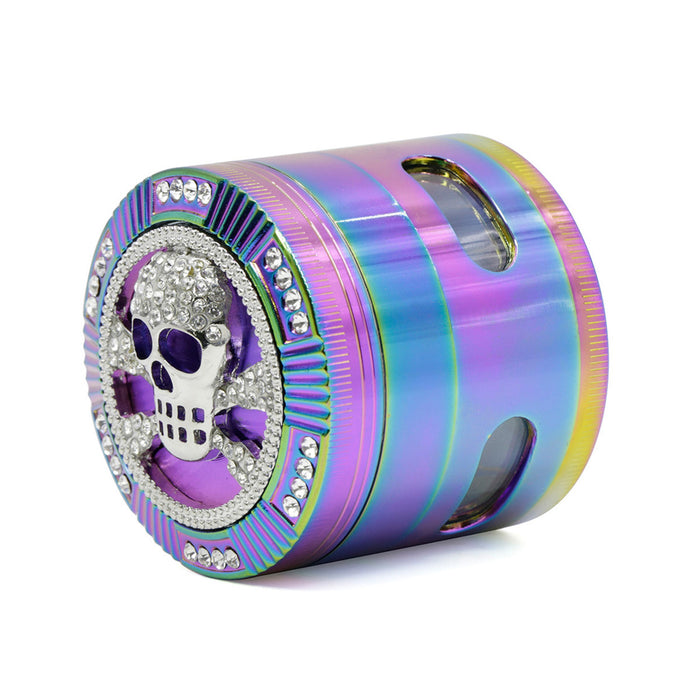 63MM Colorful Zinc Alloy Four-layer Diamond-Encrusted Side   Window Herb Grinder-Skull