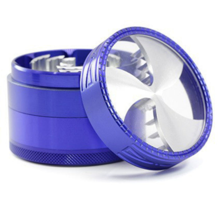 63MM Four-Layer Aluminum Alloy Transparent Cover Clover Grinding Tooth Design Tobacco Crusher | Blue Color