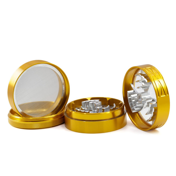 63MM Four-Layer Aluminum Alloy Transparent Cover Clover Grinding Tooth Design Tobacco Crusher | Gold Color
