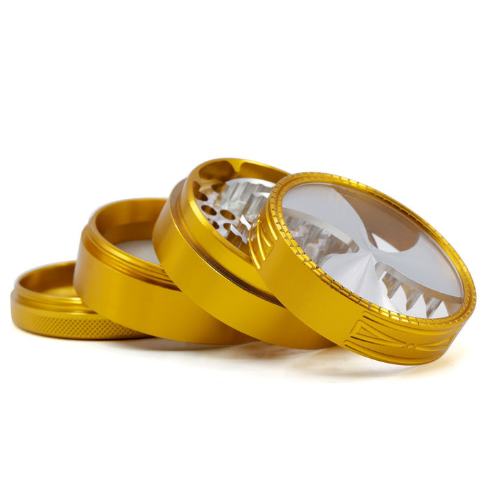 63MM Four-Layer Aluminum Alloy Transparent Cover Clover Grinding Tooth Design Tobacco Crusher | Gold Color