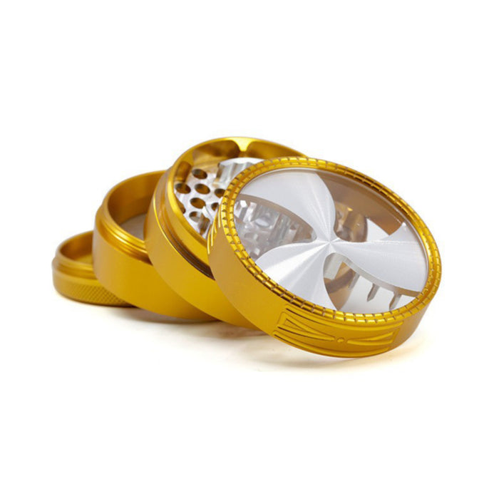 63MM Four-Layer Aluminum Alloy Transparent Cover Clover Grinding Tooth Design Tobacco Crusher | Gold Color