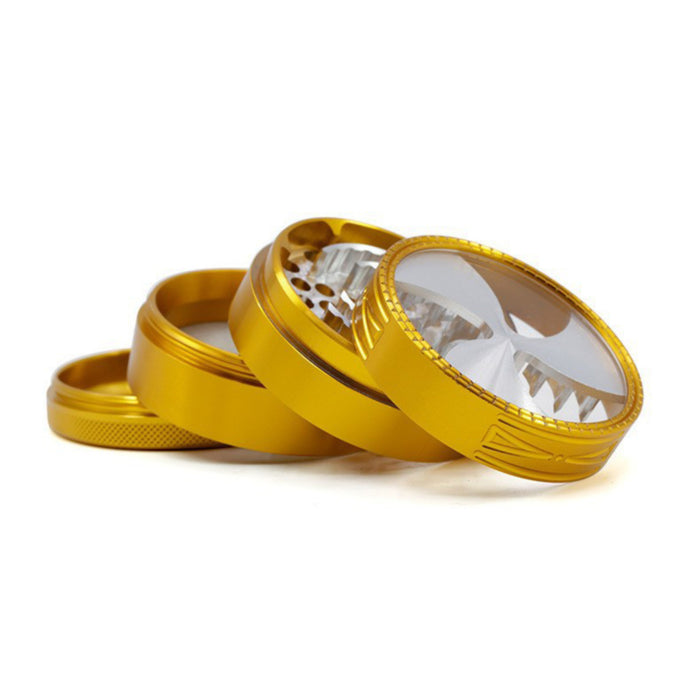 63MM Four-Layer Aluminum Alloy Transparent Cover Clover Grinding Tooth Design Tobacco Crusher | Gold Color