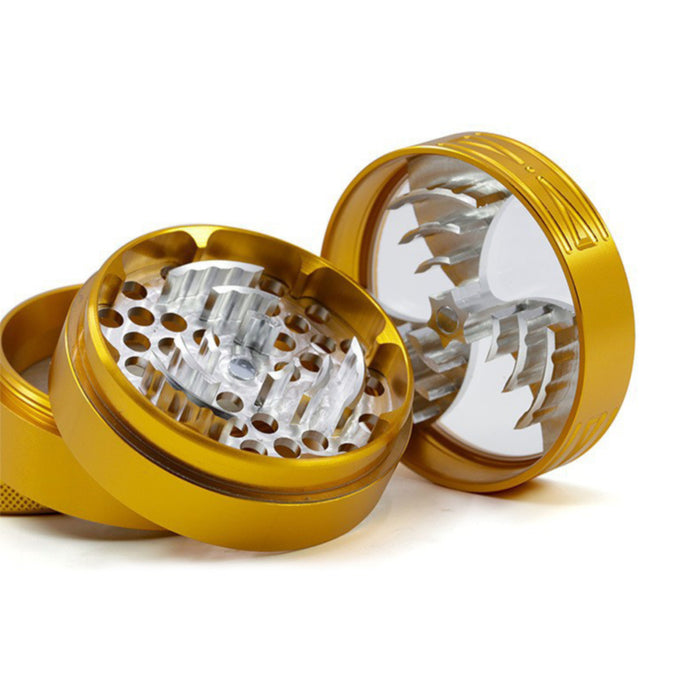 63MM Four-Layer Aluminum Alloy Transparent Cover Clover Grinding Tooth Design Tobacco Crusher | Gold Color