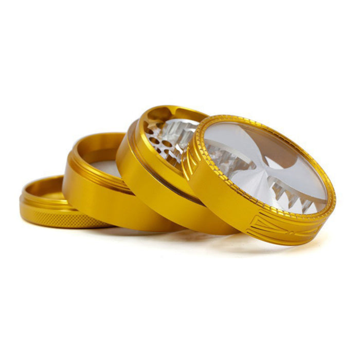 63MM Four-Layer Aluminum Alloy Transparent Cover Clover Grinding Tooth Design Tobacco Crusher | Gold Color