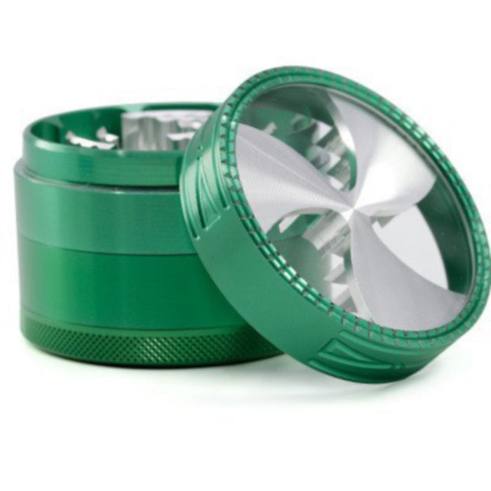 63MM Four-Layer Aluminum Alloy Transparent Cover Clover Grinding Tooth Design Tobacco Crusher | Green Color