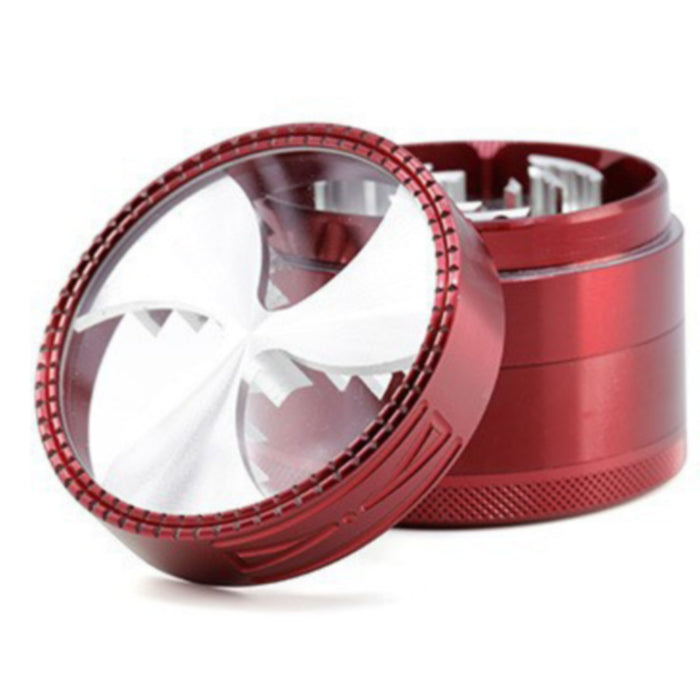 63MM Four-Layer Aluminum Alloy Transparent Cover Clover Grinding Tooth Design Tobacco Crusher | Red Color