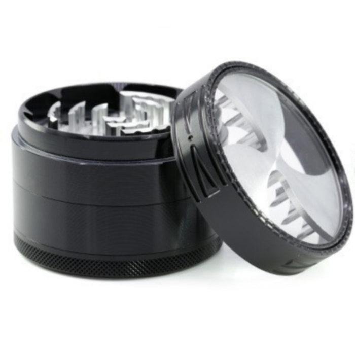 63MM Four-Layer Aluminum Alloy Transparent Cover Clover Grinding Tooth Design Tobacco Crusher | Black Color