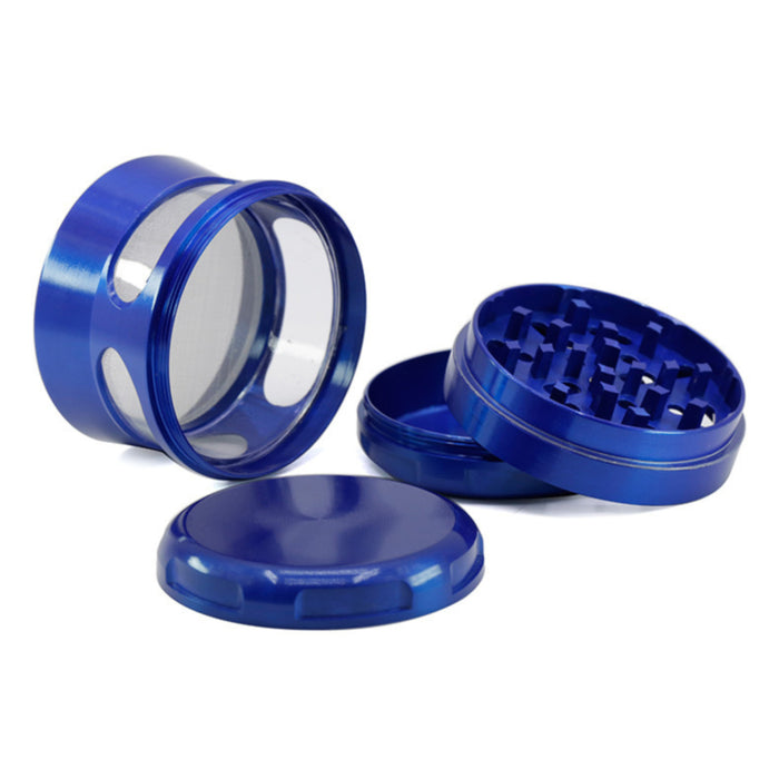 63MM Zinc Alloy 4 Piece New Arc Chamfering Waist Opening Window Herb Grinder-Blue