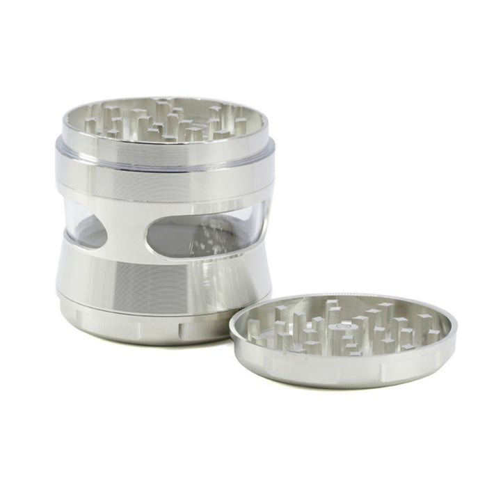63MM Zinc Alloy 4 Piece New Arc Chamfering Waist Opening Window Herb Grinder-Silver