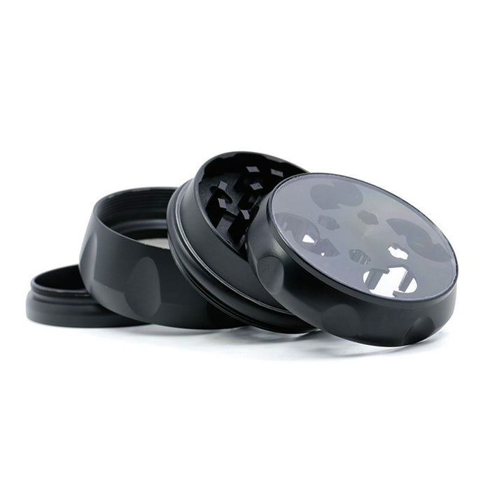 63MM Zinc Alloy Chamfered Side Concave Drum Type Translucent Flower Type Cover Grinder-Black