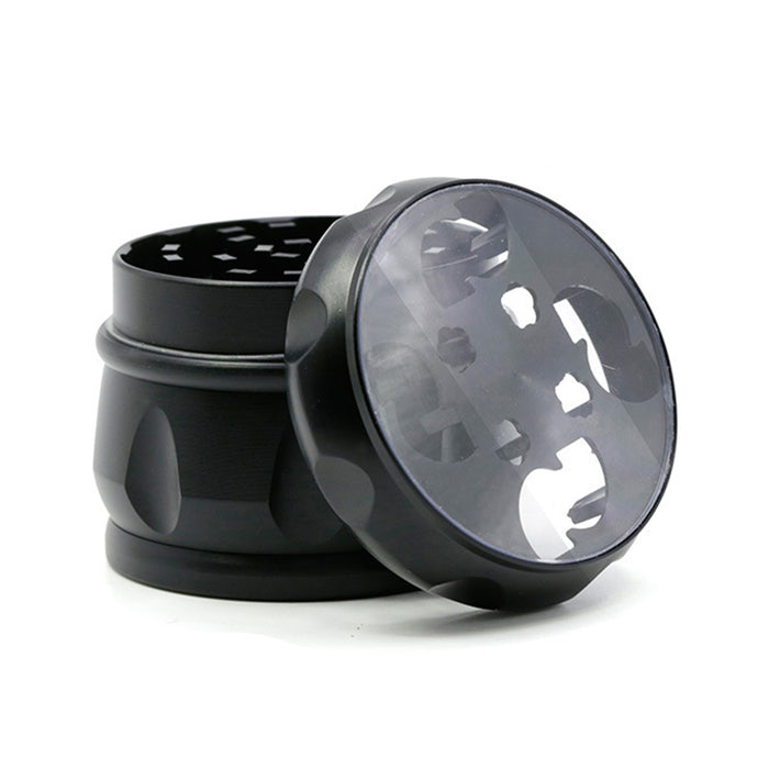 63MM Zinc Alloy Chamfered Side Concave Drum Type Translucent Flower Type Cover Grinder-Black