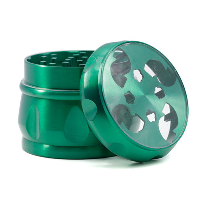 63MM Zinc Alloy Chamfered Side Concave Drum Type Translucent Flower Type Cover  Grinder-Green