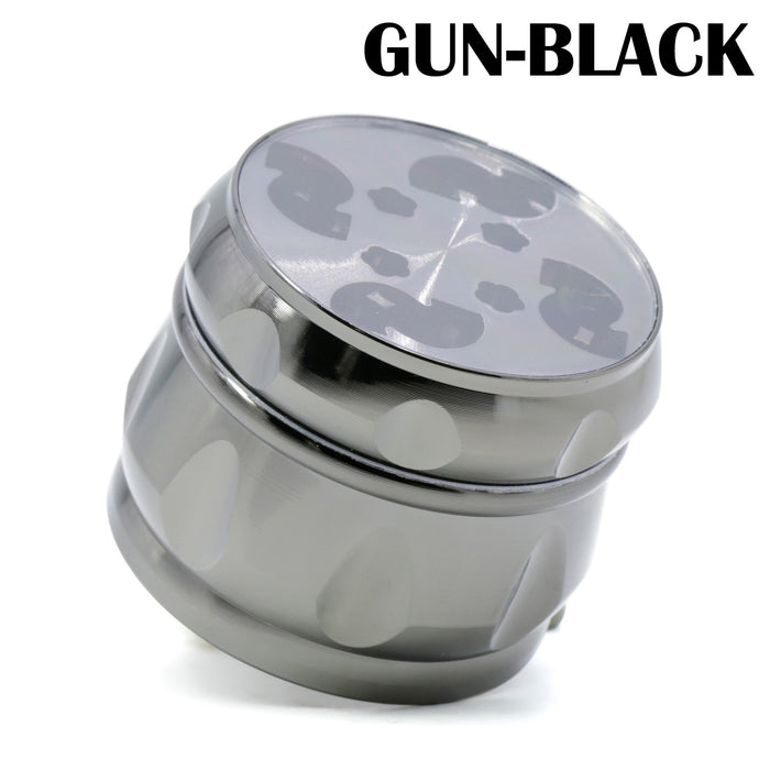 63MM Zinc Alloy Chamfered Side Concave Drum Type Translucent Flower Type Cover Weed Grinder-Gun-Black
