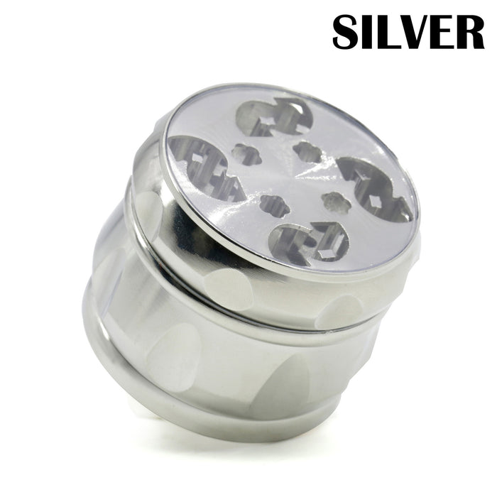 63MM Zinc Alloy Chamfered Side Concave Drum Type Translucent Flower Type Cover Grinder-Silver