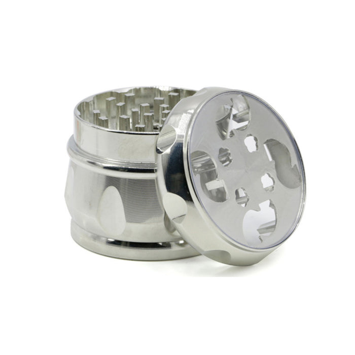 63MM Zinc Alloy Chamfered Side Concave Drum Type Translucent Flower Type Cover Grinder-Silver
