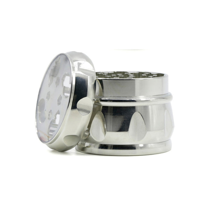63MM Zinc Alloy Chamfered Side Concave Drum Type Translucent Flower Type Cover Grinder-Silver