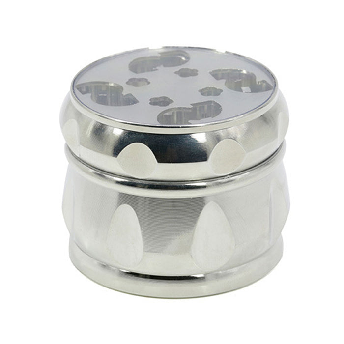 63MM Zinc Alloy Chamfered Side Concave Drum Type Translucent Flower Type Cover Grinder-Silver