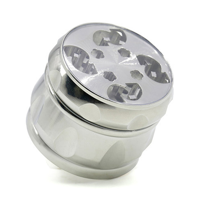63MM Zinc Alloy Chamfered Side Concave Drum Type Translucent Flower Type Cover Weed Grinder-Silver
