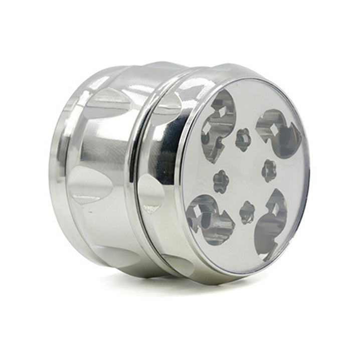 63MM Zinc Alloy Chamfered Side Concave Drum Type Translucent Flower Type Cover Grinder-Silver