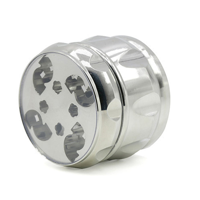 63MM Zinc Alloy Chamfered Side Concave Drum Type Translucent Flower Type Cover Grinder-Silver