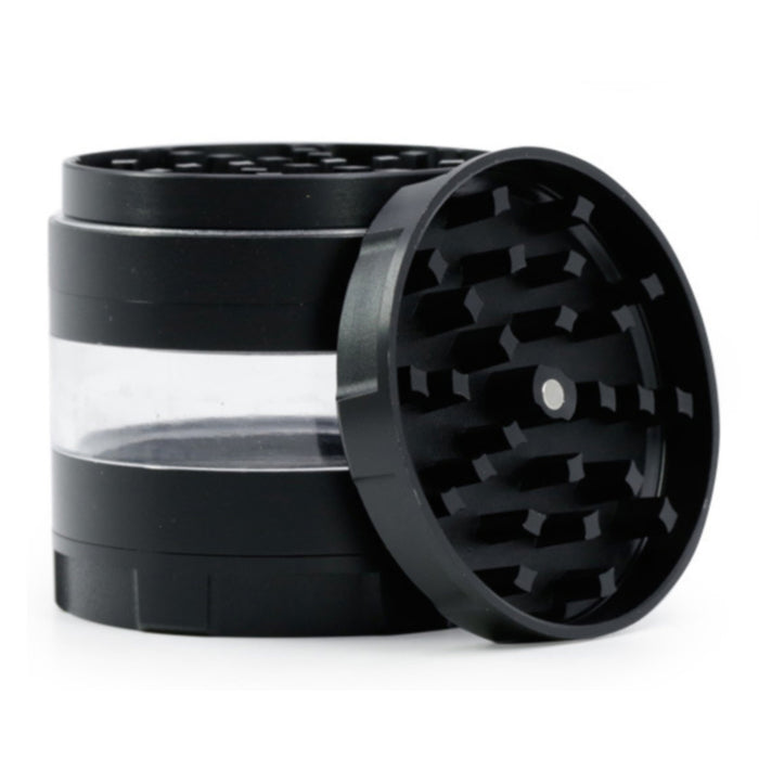 63MM 4 Piece Round Chamfer Transparent Window Zinc Alloy  Grinder-Black