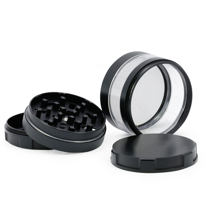 63MM 4 Piece Round Chamfer Transparent Window Zinc Alloy  Grinder-Black