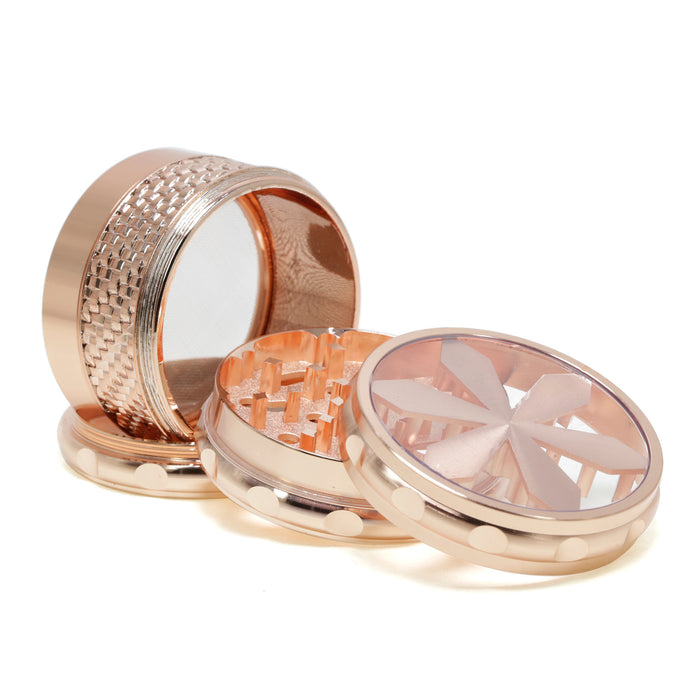 65MM 5 Layer Zinc Alloy Petal Transparent Cover Side Woven Mesh Weed Grinder