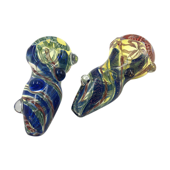 Spoon Pipe Fumed Inside-Out Blue Stripe Frit Has Glass Marbles 100#