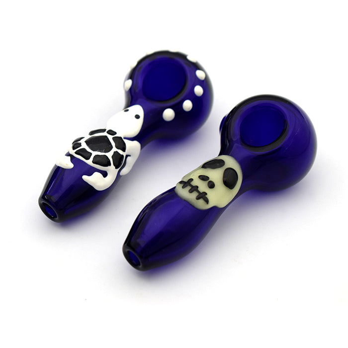 4“ Blue glass pipe with ghost head and turtle G035