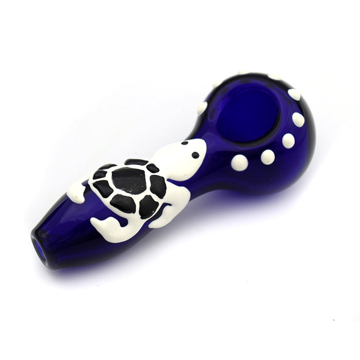 4“ Blue glass pipe with ghost head and turtle G035