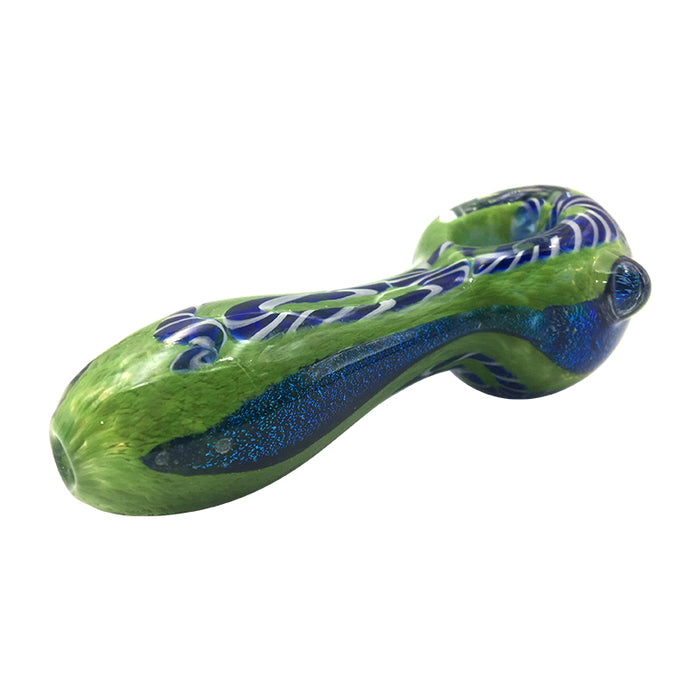 Blue Shimmer Stripes Green Spoon Pipe with Glass Marbles 183#