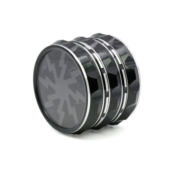 Aluminum Alloy 63MM Transparent Cover Lightning Tip Pattern Chamfering Weed Grinder-Black