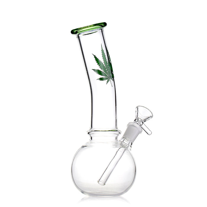 Bent Neck Bottle Base Bong With Marijuana Leaf