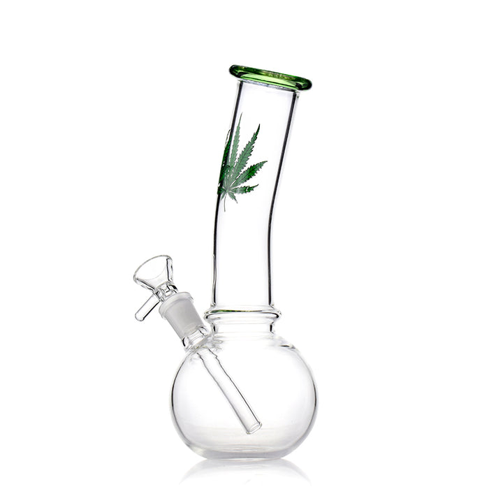 Bent Neck Bottle Base Bong With Marijuana Leaf