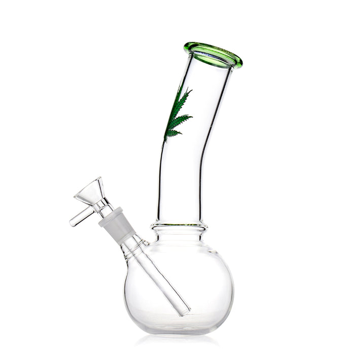 Bent Neck Bottle Base Bong With Marijuana Leaf