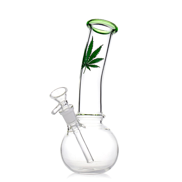 Bent Neck Bottle Base Bong With Marijuana Leaf