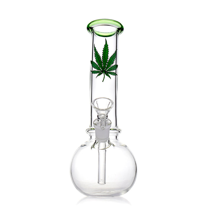 Bent Neck Bottle Base Bong With Marijuana Leaf