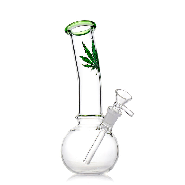 Bent Neck Bottle Base Bong With Marijuana Leaf