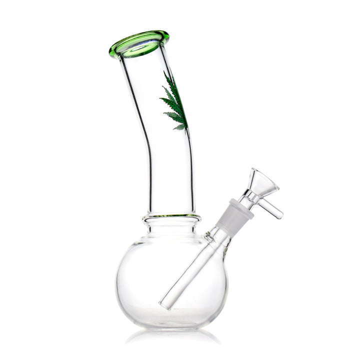 Bent Neck Bottle Base Bong With Marijuana Leaf