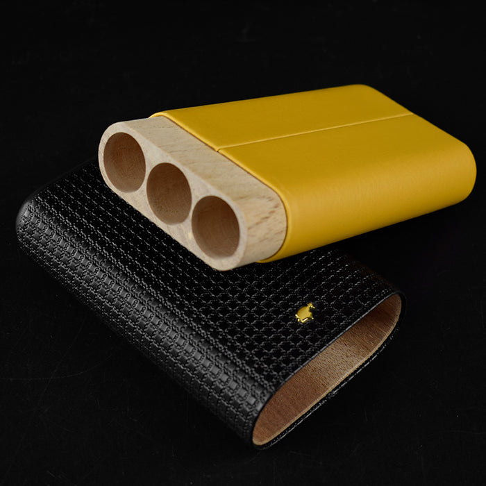 Black Leather Cedar Wood 3 Tube Travel Cigar Case Humidor