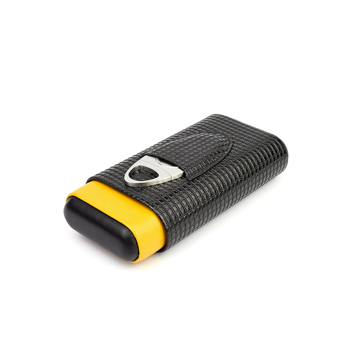 Black and Yellow 3 Cigars Case With Cigar Cutter