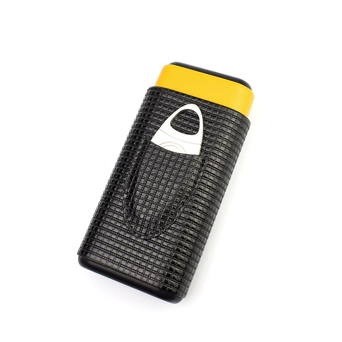 Black and Yellow 3 Cigars Case With Cigar Cutter