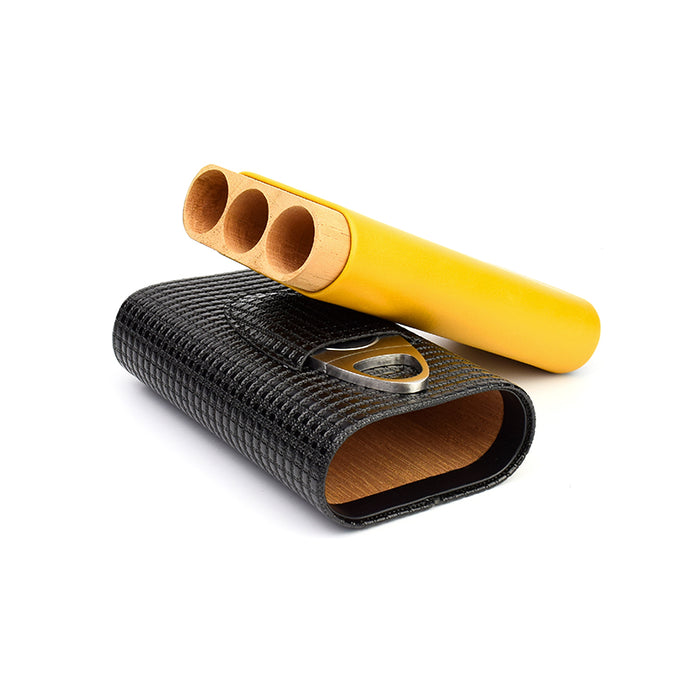 Black and Yellow 3 Cigars Case With Cigar Cutter