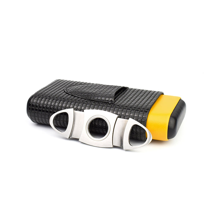 Black and Yellow 3 Cigars Case With Cigar Cutter