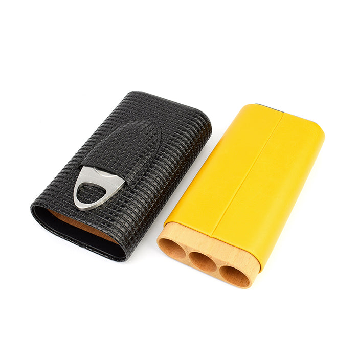 Black and Yellow 3 Cigars Case With Cigar Cutter