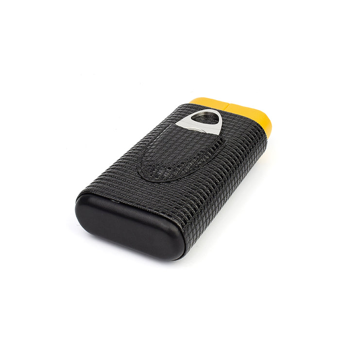 Black and Yellow 3 Cigars Case With Cigar Cutter