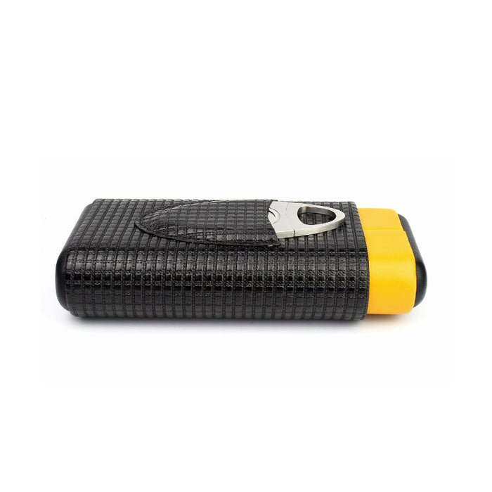 Black and Yellow 3 Cigars Case With Cigar Cutter